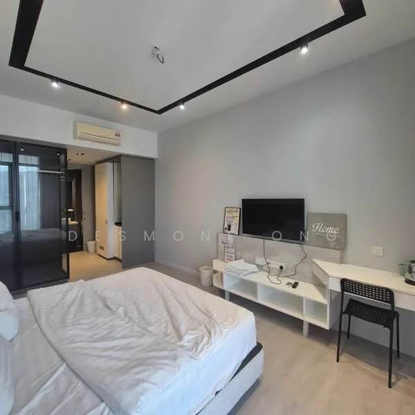 Bedroom features: queen-size bed with white bedding, black framed headboard, wall-mounted TV, white TV console, black chair, desk with lamp, recessed downlights, tray ceiling, grey painted walls, wooden flooring, air conditioning unit, large window with sheer curtains; style: modern.