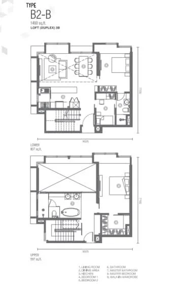 Floor plan: 3-bedroom 2-bathroom unit; features: open-plan kitchen-dining-living, master bedroom with ensuite bathroom, balcony off living room, utility room, wet kitchen, double-volume living area, central foyer, 3rd bedroom with shared bathroom, stairs connecting lower and upper levels, 1 car porch.