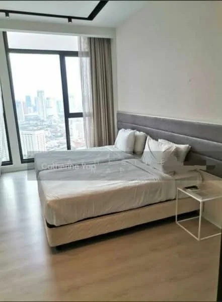 Bedroom features: king-size bed, upholstered headboard, floor-to-ceiling windows, city skyline view, light-colored wooden flooring, sheer curtains, decorative bedside table, neutral wall color; style: modern; view: city.
