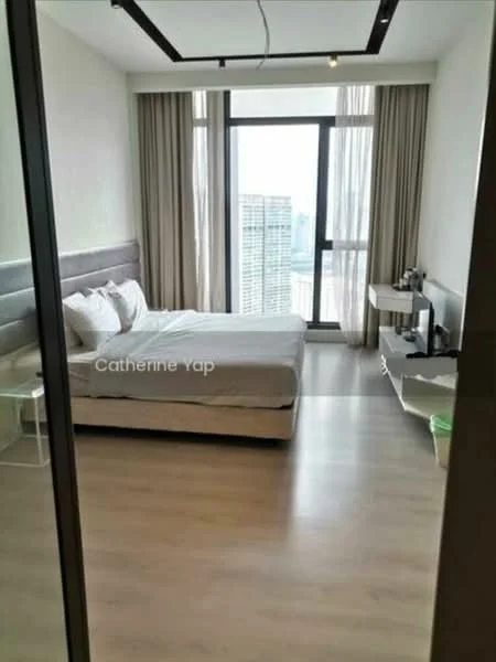Bedroom features: king-size bed with white bedding, floor-to-ceiling windows, light wood flooring, grey upholstered headboard, white bedside table, wall-mounted TV, white TV console, curtains, decorative wall paneling, recessed ceiling lights; style: modern; view: city.