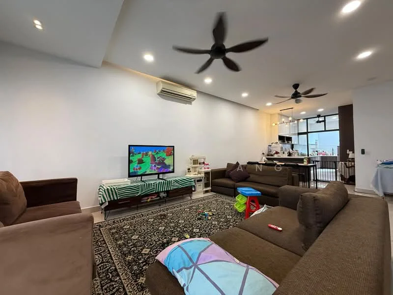 Living features: 3-seater fabric sofa in beige, 2-seater fabric sofa in brown, area rug with intricate pattern, wall-mounted TV, coffee table, ceiling fan with light, recessed LED downlights, air conditioning unit, decorative wall with white painted finish, sliding glass door leading to balcony, open layout to kitchen, children's toys on floor; style: modern; view: city.