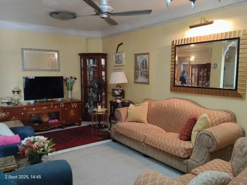 Living features: sofa with patterned upholstery, 2-seater fabric sofa in blue, coffee table, TV console with flat-screen TV, decorative mirror on wall, ceiling fan, wall-mounted light fixture, framed artwork, carpeted flooring, wooden cabinet, houseplants in ceramic pots, decorative vase with flowers; style: traditional.
