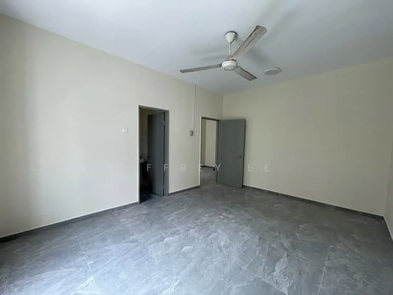 Room features: grey marble tile flooring, cream painted walls, ceiling fan, two doors, one window, no visible furniture.