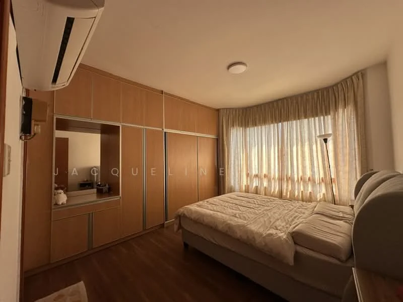 Bedroom features: queen-size bed, upholstered headboard, wooden flooring, built-in wardrobe with sliding doors, floor-to-ceiling windows, sheer curtains, recessed ceiling light, wall-mounted air conditioning unit, lamp, decorative mirror; style: modern.