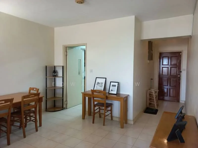 Dining features: square dining table, 4 wooden dining chairs, light-coloured wooden furniture, tiled flooring, cream painted walls, wall-mounted light fixture, open shelving unit, decorative framed artwork, doorway leading to another room, wooden bench, wooden door, neutral decor; style: minimalist. Room features: tiled flooring, cream painted walls, doorway leading to hallway, wooden door.