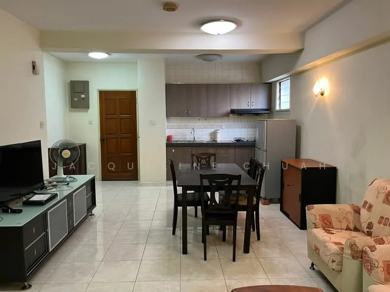 Living features: ceramic tile flooring, white painted walls, recessed downlights, wall-mounted TV, black TV console, wooden dining table with four chairs, sofa with floral pattern, ceiling fan, window with natural light, kitchen area with grey cabinetry, stainless-steel fridge, built-in oven, sink, kitchen countertop; style: modern.