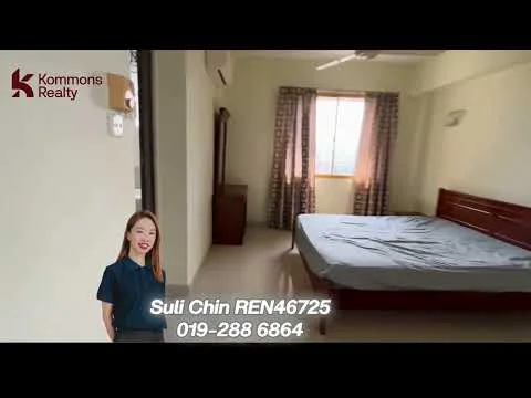 Bedroom features: queen-size bed, wooden bed frame, light-colored walls, window with city view, curtains, ceiling fan, air conditioning unit, wooden wardrobe, laminate flooring; view: city.