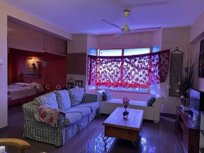 Living features: 3-seater fabric sofa with floral pattern, 2-seater fabric sofa in white, wooden coffee table, wall-mounted TV, large window with floral curtain, ceiling fan, decorative plant, tile flooring, accent wall in red, built-in shelving unit; style: contemporary. Bedroom features: double bed with bedding, wall-mounted light fixture, decorative wall art.