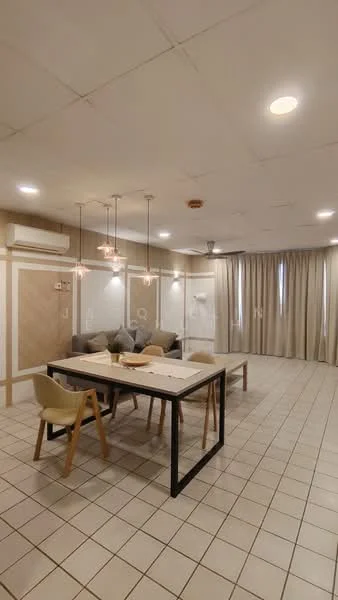 Dining features: square dining table with white top, 4 wooden dining chairs with light upholstery, 2 pendant lights above the table, wall-mounted air conditioning unit, ceiling fan, cream curtains, tiled flooring in light color, decorative wall paneling; style: modern.