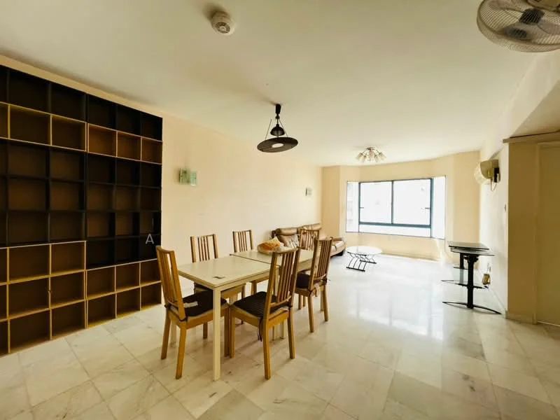 Living features: marble tile flooring, cream painted walls, floor-to-ceiling windows, 5-blade ceiling fan, pendant light, dining table with 6 chairs, wooden shelving unit, sofa, side table; style: modern.