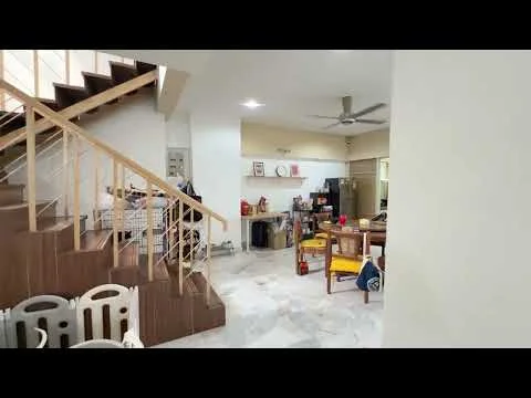 Living features: marble flooring, 5-blade ceiling fan, dining table with chairs, wooden staircase, open layout, refrigerator, kitchen area visible, decorative items on shelves, wall-mounted shelves, light-colored walls, natural light from windows; style: modern.