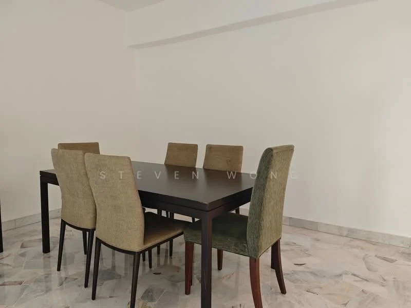Dining features: rectangular dining table in dark wood, 6 upholstered dining chairs in beige and green, marble flooring with grey and white veining, plain white painted walls, neutral color palette, minimalist decor, no visible lighting fixtures, no visible windows; style: modern.