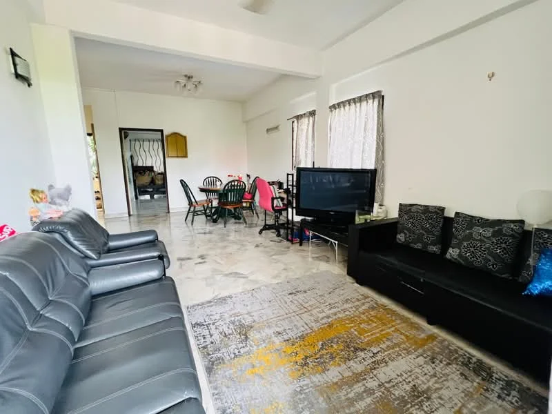 Living features: black leather sofa, coffee table, wall-mounted TV, TV console, area rug with geometric pattern, ceiling fan, large windows with sheer curtains, decorative cushions; style: modern. Dining features: 6-seater dining table, green dining chairs, wooden sideboard, natural light from windows; style: modern.