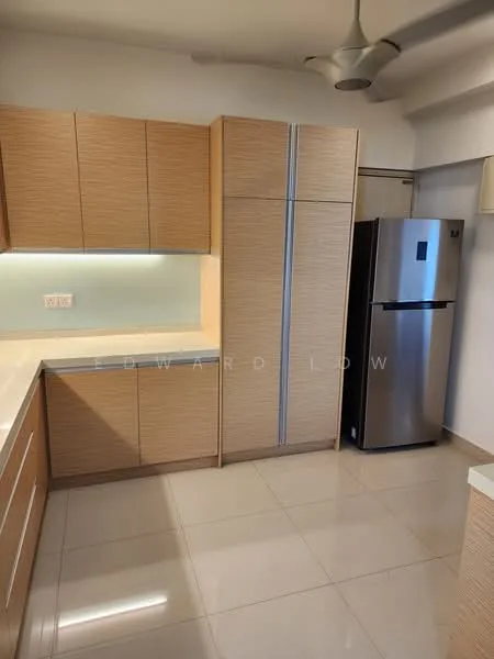 Kitchen features: light wood cabinetry, white countertop, stainless-steel fridge, built-in oven, ceramic tile flooring, recessed downlights, 5-blade ceiling fan, glass backsplash, single-bowl stainless-steel sink, chrome pull-down faucet; style: modern.