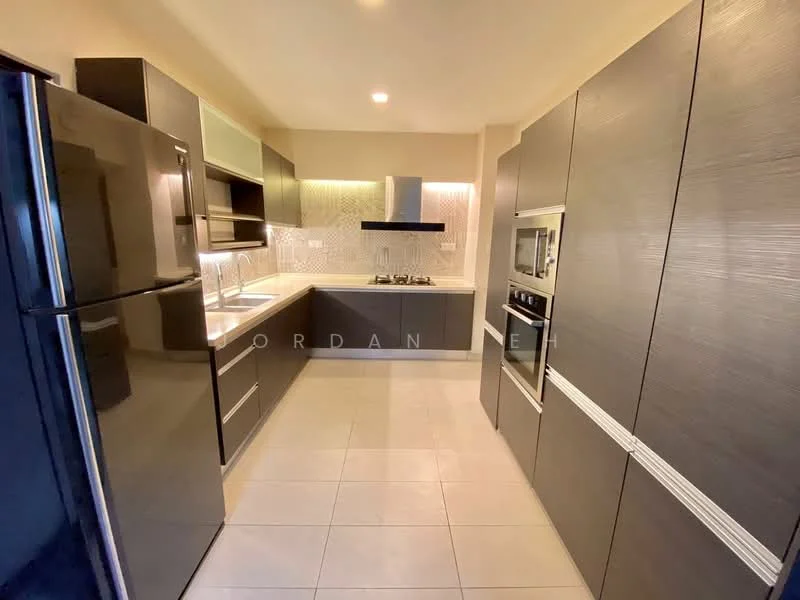Kitchen features: dark wood cabinetry, stainless-steel refrigerator, built-in oven, gas cooktop with 4 burners, stainless-steel range hood, double-bowl stainless-steel sink, chrome pull-down faucet, white tiled backsplash, grey tiled flooring, under-cabinet lighting, open shelving, countertop space, wall-mounted microwave; style: modern.
