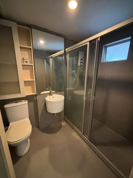 Bathroom features: white toilet, single-sink vanity with wall-mounted faucet, glass shower enclosure, rain shower head, grey tiled walls, grey tile flooring, built-in shelving, mirror, window, recessed lighting; style: modern.