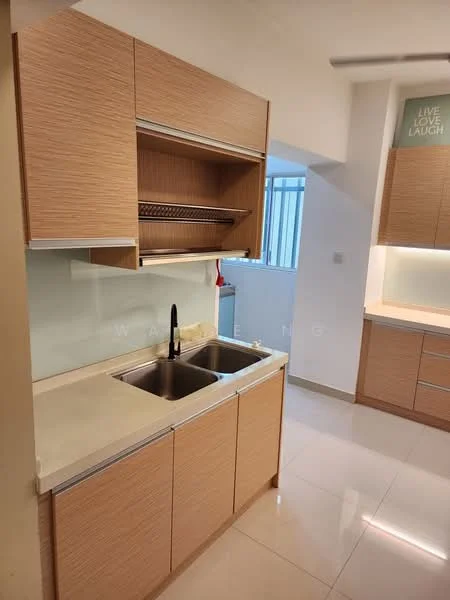 Kitchen features: double-bowl stainless-steel sink, chrome pull-down faucet, laminate countertop, light wood cabinetry, open shelving above sink, white backsplash, recessed downlights, ceramic tile flooring, wall-mounted cabinet, kitchen island, window with natural light; style: modern.