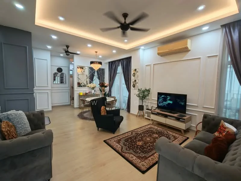Living features: grey upholstered 3-seater sofa, black upholstered armchair, area rug with intricate pattern, wall-mounted TV, TV console in white, chandelier with multiple bulbs, recessed LED downlights, 5-blade ceiling fan, large windows with sheer curtains, decorative wall panels, wooden flooring, dining area with round table and chairs; style: modern.