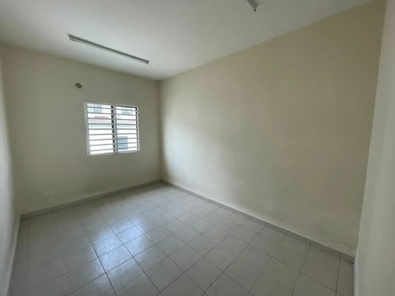 Room features: white painted walls, tile flooring, square windows with horizontal slats, ceiling light fixture, no visible furniture, empty room; style: minimalist.