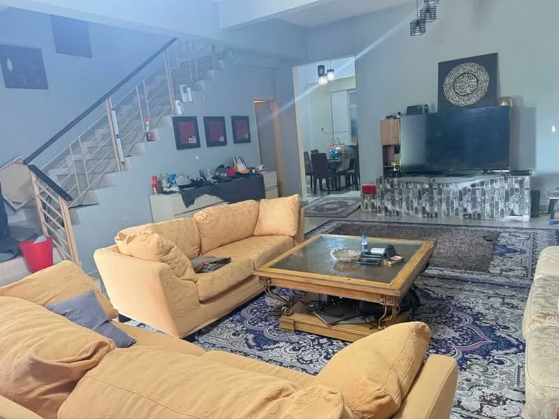 Living features: 3-seater fabric sofa in beige, 2-seater fabric sofa in beige, coffee table with wooden frame, area rug with intricate pattern, wall-mounted TV, TV console with decorative elements, decorative wall art, recessed ceiling lights, staircase with wooden railing, open layout to dining area; style: contemporary.