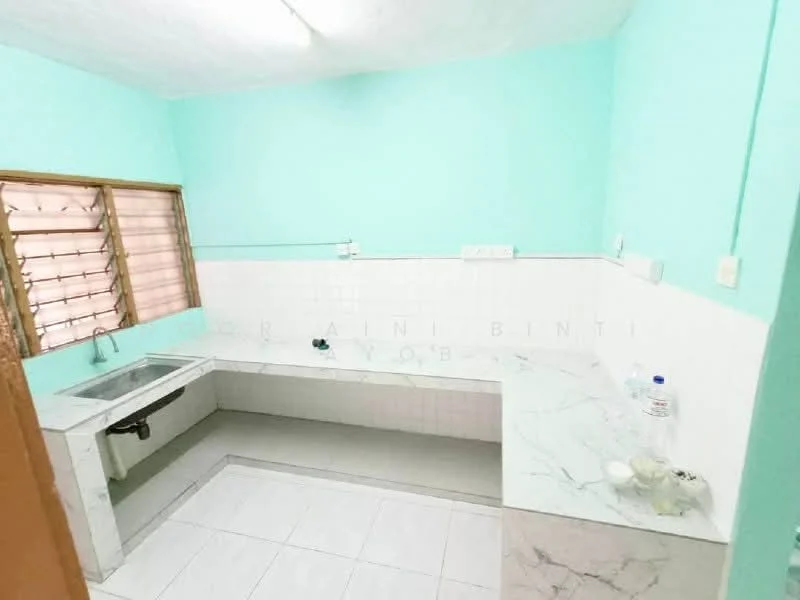 Kitchen features: light blue painted walls, white tiled backsplash, marble countertop, single-bowl stainless-steel sink, window with wooden grille, white tiled flooring, built-in cabinetry, water bottle on countertop; style: modern.