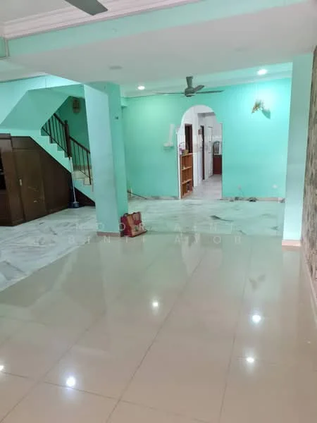 Living features: white painted walls, light green accent wall, marble tile flooring, ceiling fan, recessed downlights, open layout, large windows, decorative wall with wallpaper, staircase leading to upper floor, built-in shelving unit, area rug; style: modern. Room features: marble tile flooring, white painted walls, open layout, ceiling fan.