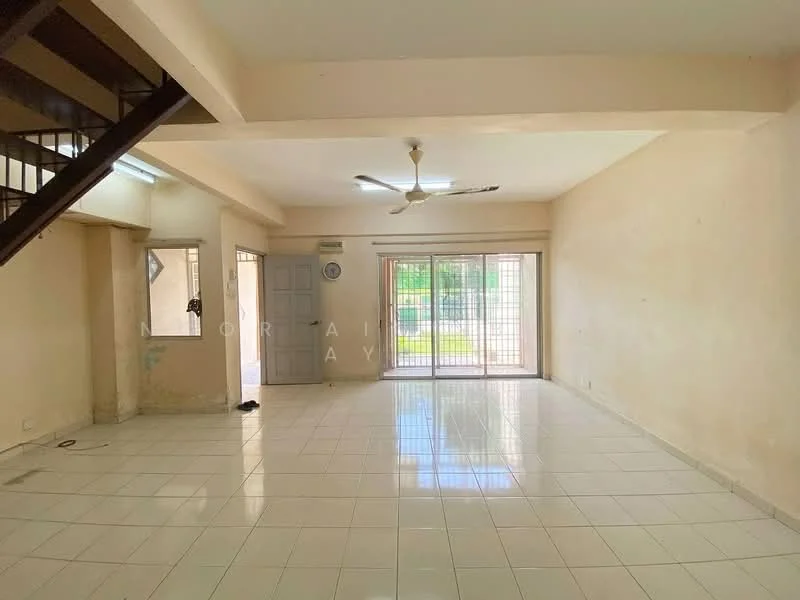 Living features: white painted walls, glossy white tile flooring, 5-blade ceiling fan, sliding glass door, floor-to-ceiling windows, natural light from windows, open layout, staircase leading to upper floor; view: garden.