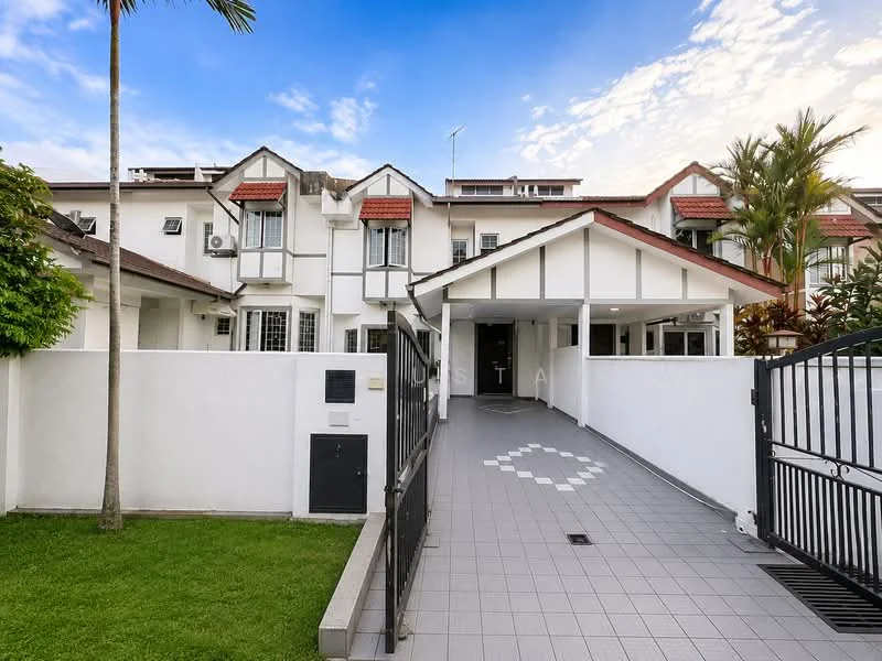 Exterior type: linked terrace house; features: white painted facade, red tiled roof, manicured lawn, paved driveway, security gate, front porch with overhang, landscaped garden, multiple windows, air conditioning units visible, fence surrounding property; style: modern.