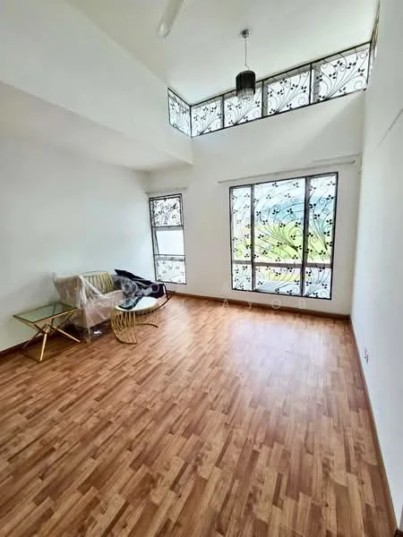 Room features: wooden flooring, white painted walls, decorative window grills, large windows, ceiling light fixture, glass coffee table, golden accent chairs, natural light from windows; style: modern; view: garden.