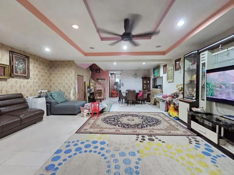 Living features: 3-seater leather sofa in brown, 2-seater fabric sofa in grey, area rug with geometric pattern, ceiling fan with light, recessed downlights, wall-mounted TV, TV console, decorative wall art, cream painted walls, textured wallpaper, dining area visible in background, open layout; style: contemporary.