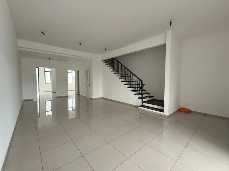 Living features: white painted walls, glossy ceramic tile flooring, recessed downlights, staircase with black railing, large windows for natural light, open layout, neutral color scheme, no visible furniture; style: modern.
