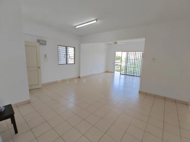 Living features: white painted walls, tile flooring, ceiling fan, window with security bars, sliding glass door, natural light from sliding door, open layout, neutral color scheme; view: garden.