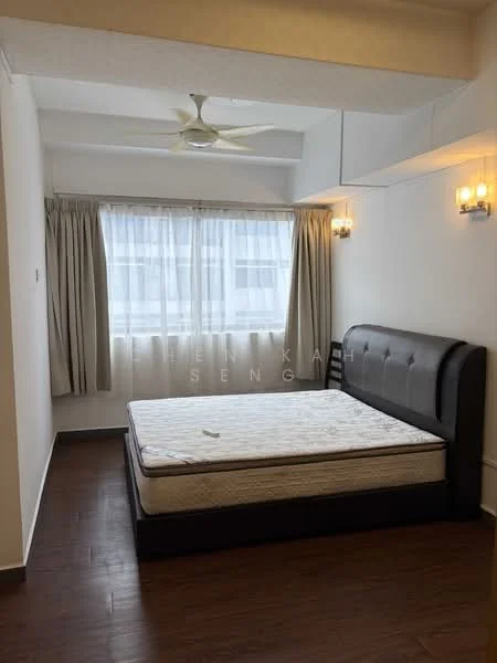 Bedroom features: queen-size bed, upholstered headboard, wooden flooring, floor-to-ceiling windows, sheer curtains, 2 wall sconces, ceiling fan, light-colored walls, decorative trim, empty mattress, built-in wardrobe; style: modern.