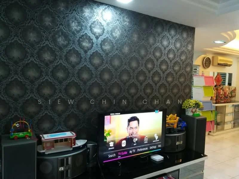 Living features: black patterned wallpaper, white tiled flooring, wall-mounted TV, black TV console, decorative toys on console, ceiling with recessed lighting, air conditioning unit, open shelving unit in background; style: modern.