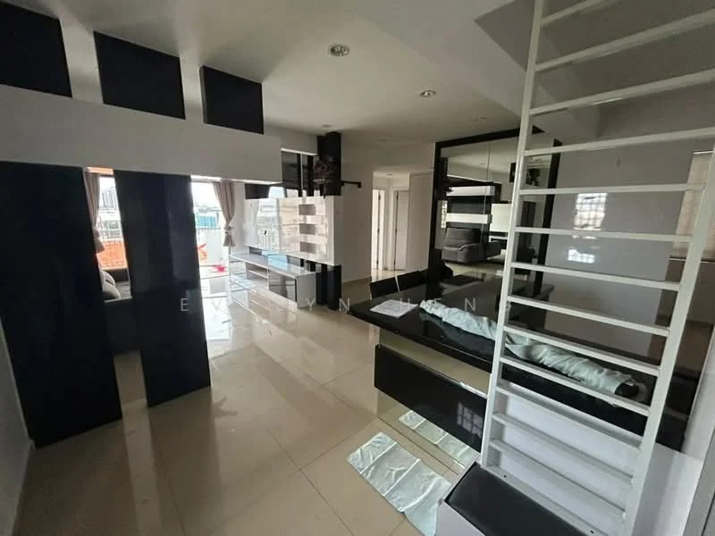 Room features: white painted walls, black accent wall, glossy tile flooring, large windows with natural light, open layout, built-in shelving, modern lighting fixtures, partition wall, sofa, coffee table, decorative mirror; style: modern; view: city.