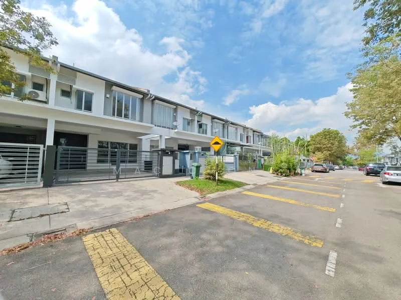 Exterior type: linked terrace house; features: two-storey building, white painted facade, glass balcony railings, manicured landscaping, paved walkway, street view with road markings, surrounded by trees, parking spaces visible; style: modern.
