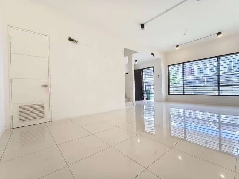 Room features: white painted walls, glossy porcelain tile flooring, recessed LED downlights, floor-to-ceiling windows, sliding glass door, air vent, staircase visible in background; style: modern.