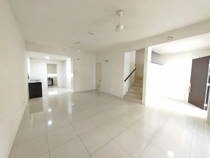 Living features: white painted walls, glossy ceramic tile flooring, recessed downlights, 2 ceiling fans, open layout, staircase leading to upper floor, large windows, neutral color scheme; style: modern. Kitchen features: open kitchen layout, white cabinetry, countertop space, appliances visible in background; style: modern.