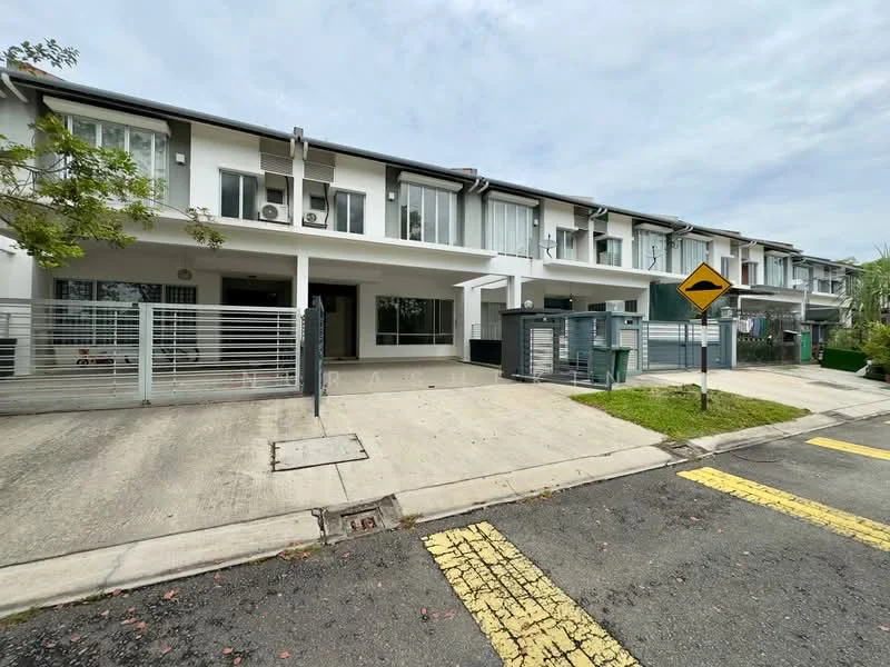 Exterior type: linked terrace house; features: two-storey building, white painted facade, glass windows, metal railing, concrete driveway, manicured landscaping, visible air conditioning units, street signage, gated entrance, paved walkway; style: modern.
