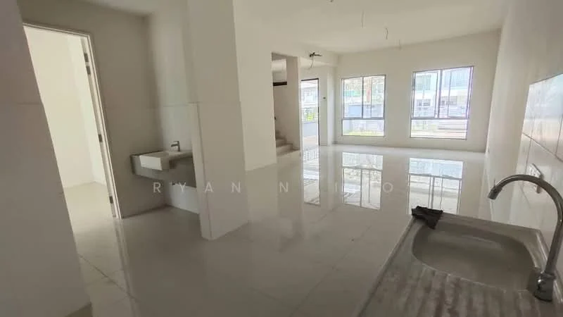 Room features: white painted walls, glossy tile flooring, multiple windows, sink with countertop, open layout, staircase visible in background, natural light, neutral color scheme; style: modern.