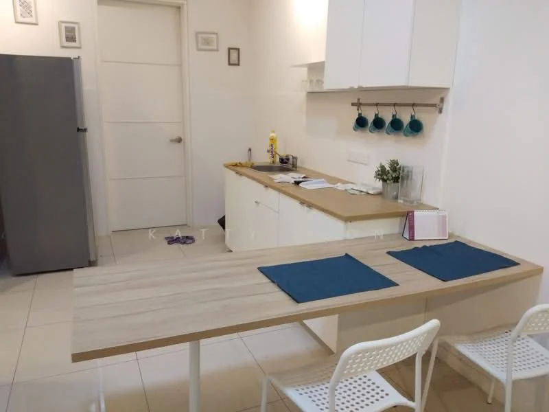 Kitchen features: white cabinetry, wooden countertop, stainless-steel fridge, single-bowl stainless-steel sink, chrome pull-down faucet, white tiled backsplash, wall-mounted shelves, 2 white dining chairs, table with wooden surface, ceramic floor tiles, kitchen utensils on countertop, cleaning supplies on countertop; style: modern.
