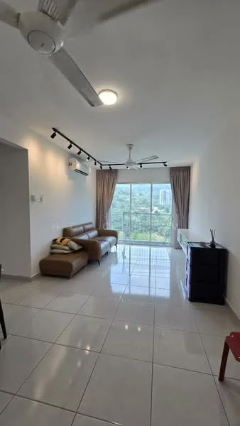 Living features: 3-seater leather sofa in brown, floor-to-ceiling windows, curtains in light fabric, ceiling fan, recessed LED downlights, white painted walls, glossy ceramic tile flooring, TV console in dark wood, decorative plant, open layout; style: modern; view: city.