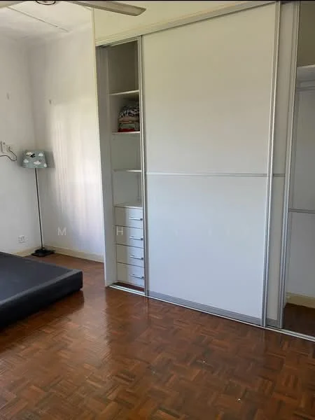 Room features: parquet wood flooring, white painted walls, built-in wardrobe with sliding doors, shelf space in wardrobe, drawer unit in wardrobe, floor lamp, window with natural light, ceiling fan; style: modern.