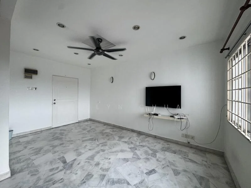 Living features: white painted walls, marble tile flooring, 5-blade ceiling fan with light, wall-mounted TV, TV console, floor-to-ceiling windows, window treatments, recessed downlights; style: modern.