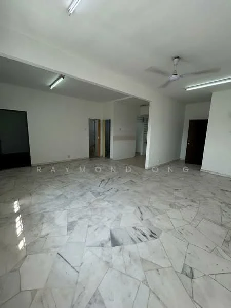 Room features: marble flooring, white painted walls, ceiling fan, recessed lighting, large windows, open layout, neutral color scheme, doorway leading to another room, multiple light fixtures; style: modern.