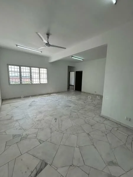 Room features: white painted walls, marble flooring, ceiling fan, large windows, natural light, open layout, light fixtures, corner room; style: modern; view: city.