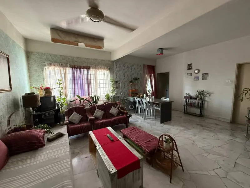 Living features: white painted walls, grey accent wall, marble flooring, 5-blade ceiling fan, large windows with sheer curtains, sofa with red and white upholstery, coffee table with metallic finish, decorative plants in pots, dining table with chairs, wall-mounted decor, area rug with geometric pattern; style: contemporary.