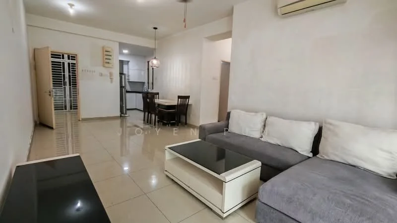 Living features: grey fabric L-shape sectional sofa, white coffee table with black top, wall-mounted TV cabinet, cream painted walls, glossy tile flooring, ceiling fan, air conditioning unit, dining table with chairs visible in background, doorway leading to kitchen, open layout; style: modern.