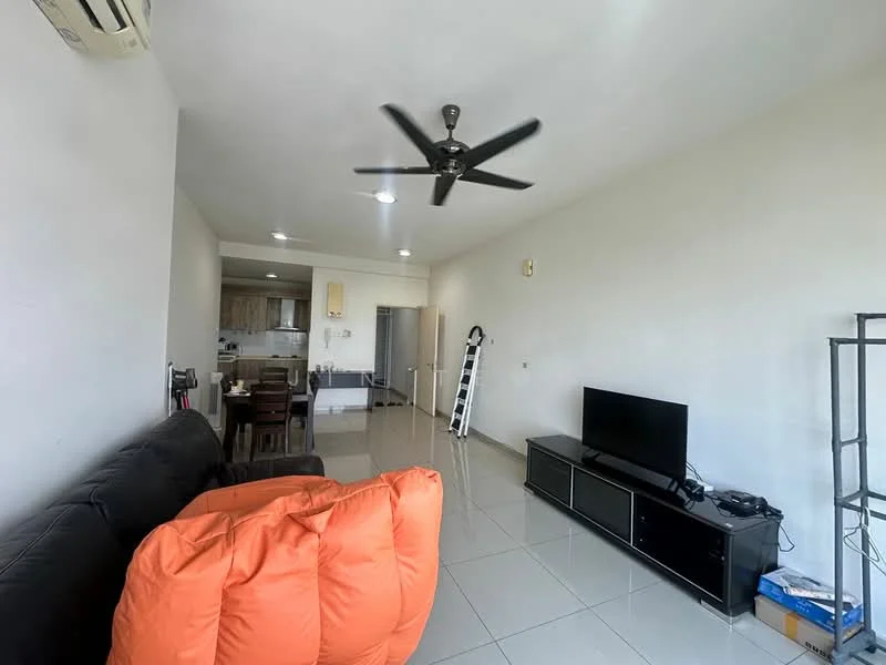 Living features: black leather sofa, orange bean bag chair, wall-mounted TV, black TV console, ceiling fan, recessed downlights, glossy tile flooring, white painted walls, dining area visible in background, ladder leaning against wall; style: modern.
