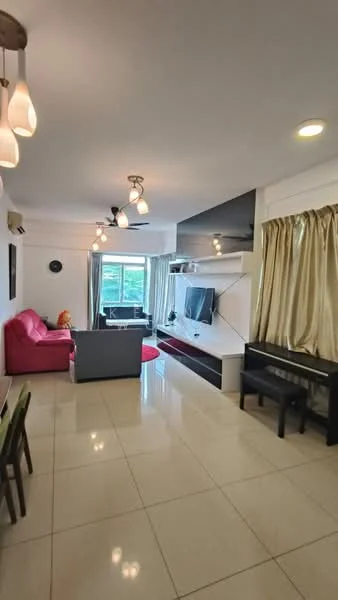Living features: red leather sofa, grey fabric sofa, white TV console, wall-mounted TV, black coffee table, floor-to-ceiling windows, sheer curtains, recessed downlights, ceiling fan, cream tiled flooring, decorative wall art; style: modern; view: garden.